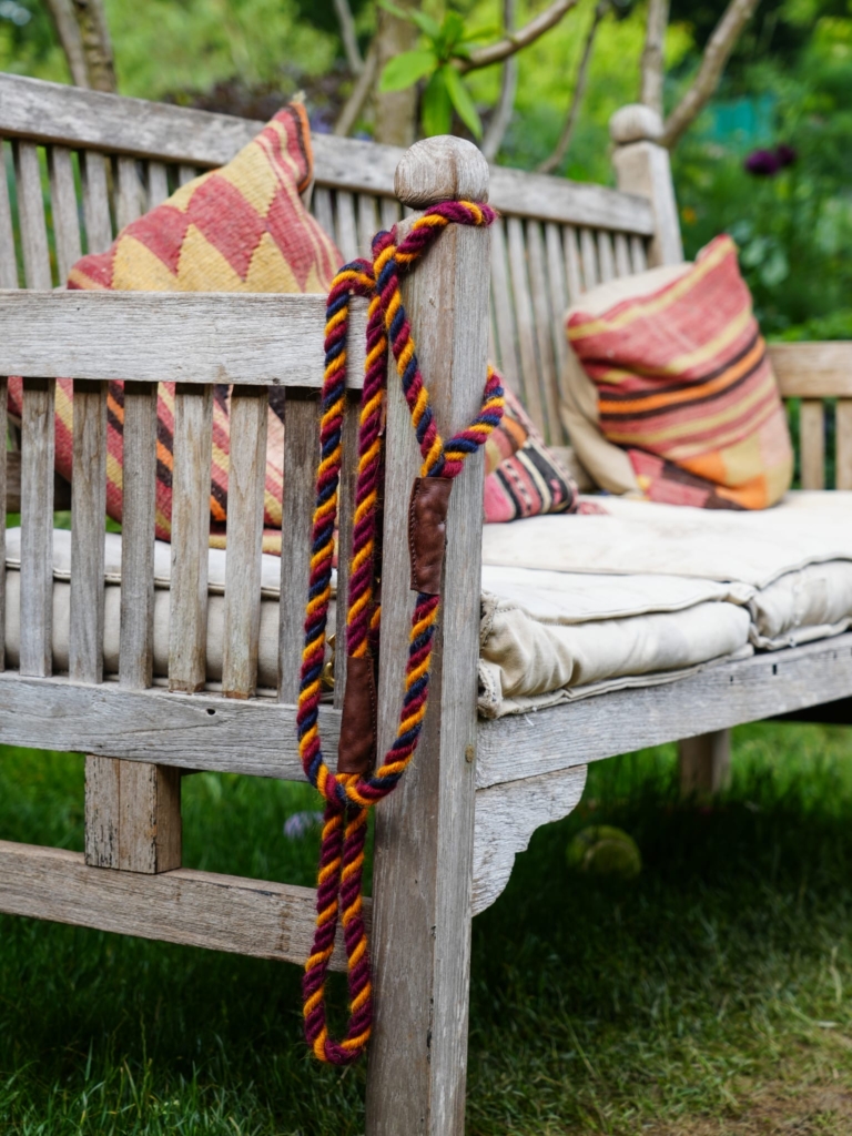 Bench in Monty Don's Cheslea Flower Show garden with twool dog lead